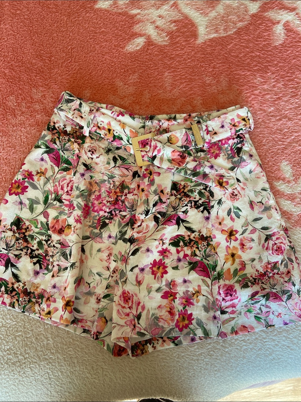 Generation Love Floral Belted High-Waist Skort — White, Pink & Green